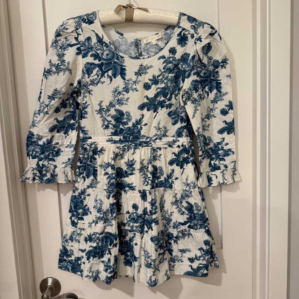 LoveShackFancy Blue Toile Floral Tiered Cotton Mini Dress Size 6